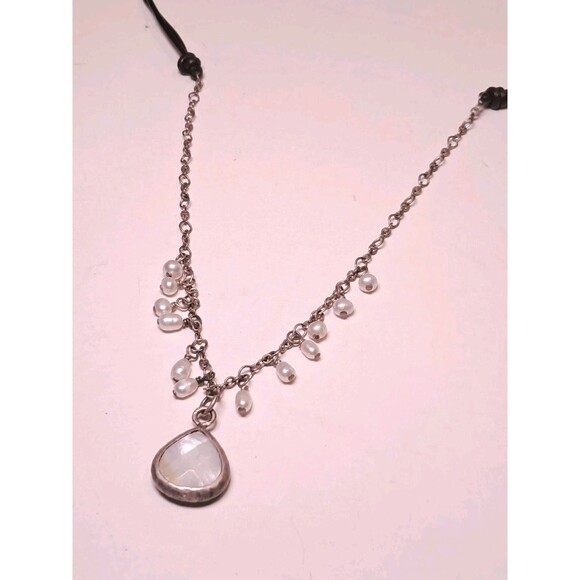 Peyote Bird Jewelry - Peyote Bird Teardrop Moonstone Pearls Silver Chain Leather Cord Necklace 19" NWT